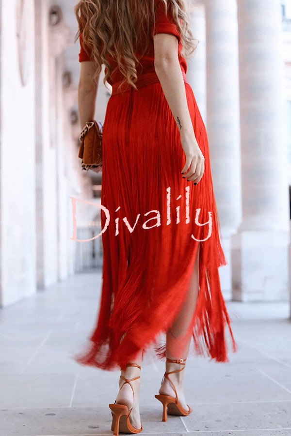 Elegant Tassel Hem Elastic Waist Casual Maxi Skirt