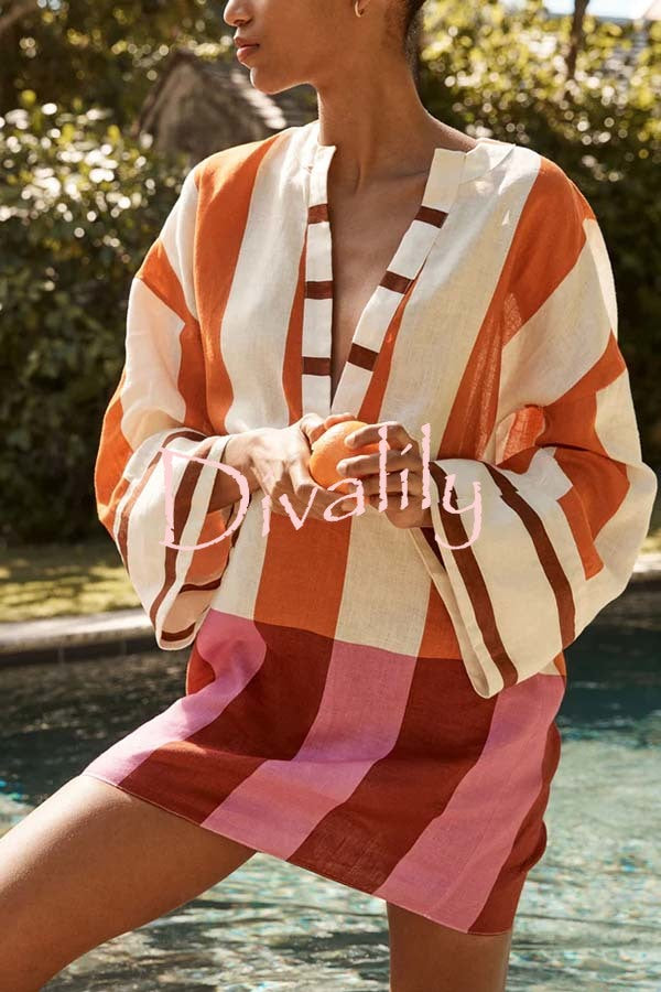 Talah Linen Blend Color Block Print V-neck Long Bell Sleeve Loose Mini Dress