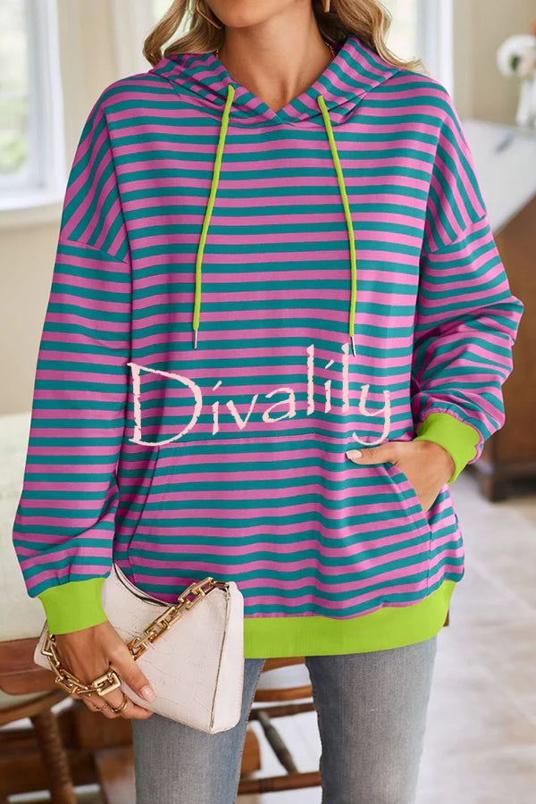 Striped Print Long Sleeve Pocket Loose Hoodie