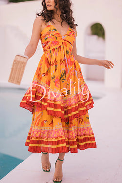 Tropical Sunset Unique Print Pleated Tie-up Straps Tiered Midi Dress