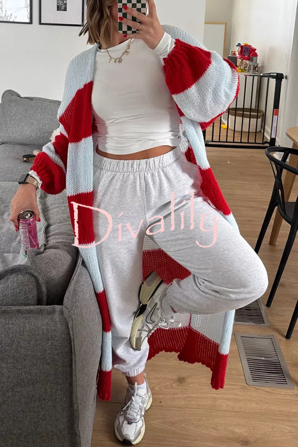 Fashionable Contrast Stripes Lazy Style Loose Long Knitted Cardigan