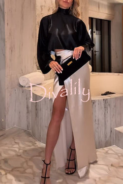 Black and White Classic Satin High Neck Crop Top and Wrap Tie-up Slit Maxi Skirt Set