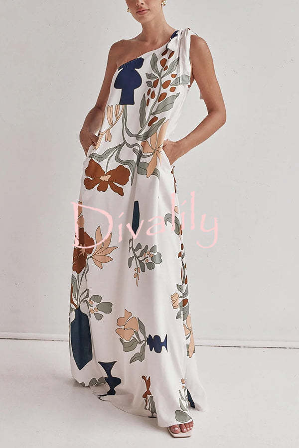 Matches The Vacation Unique Print One Shoulder Tie-up Pocketed Loose Maxi Dress