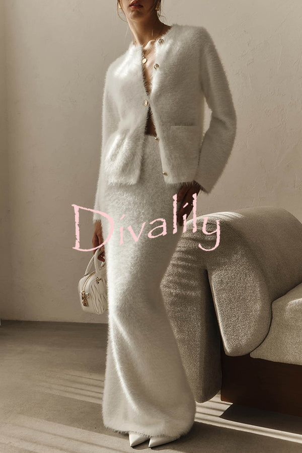 Solid Color Long-sleeved Button-pocket Knitted Jacket and Elegant Long Skirt Set