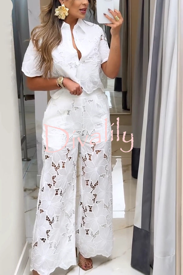 Solid Color Hollow Lace Lapel Short-sleeved Top and Elastic Waist Loose Pocket Pants Set