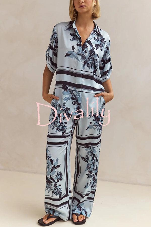 Fashionable Plant Print Loose Lapel Short Sleeve Shirt and Casual Elastic Waist Pocket Pants Set