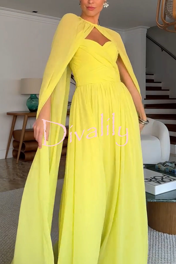 Romantic Party Chiffon Off Shoulder Sweetheart Neck Ruched Cape Maxi Dress