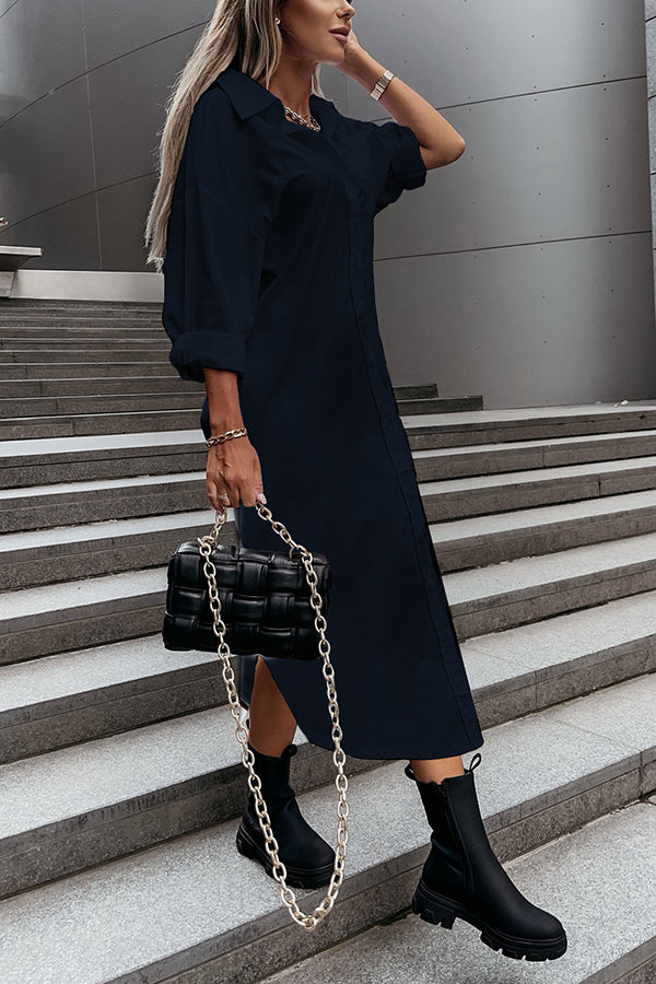 Solid Color Casual Long-sleeved Shirt-style Loose Mid-length Dress