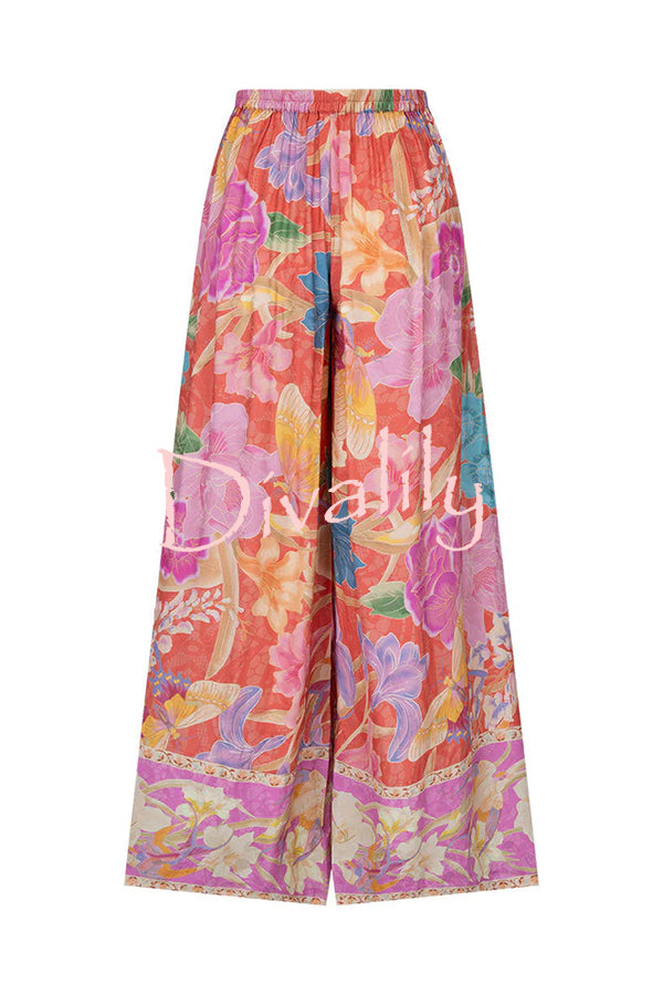 Painter's Garden Boho Floral Print  Elastic Waist Pocketed Wide Leg Pants