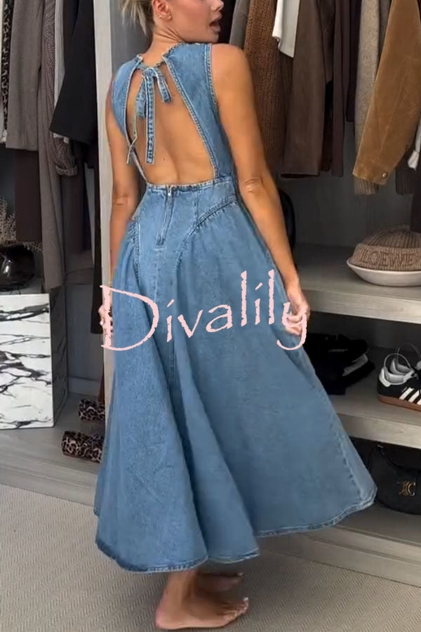 Classic and Stylish Denim Open Back Tie-up Gathered Hip Stretch Midi Dress