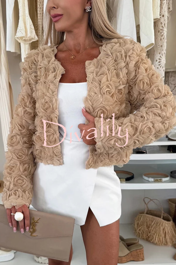 Fashionable Three-dimensional Flower Casual Long-sleeved Cropped Jacket