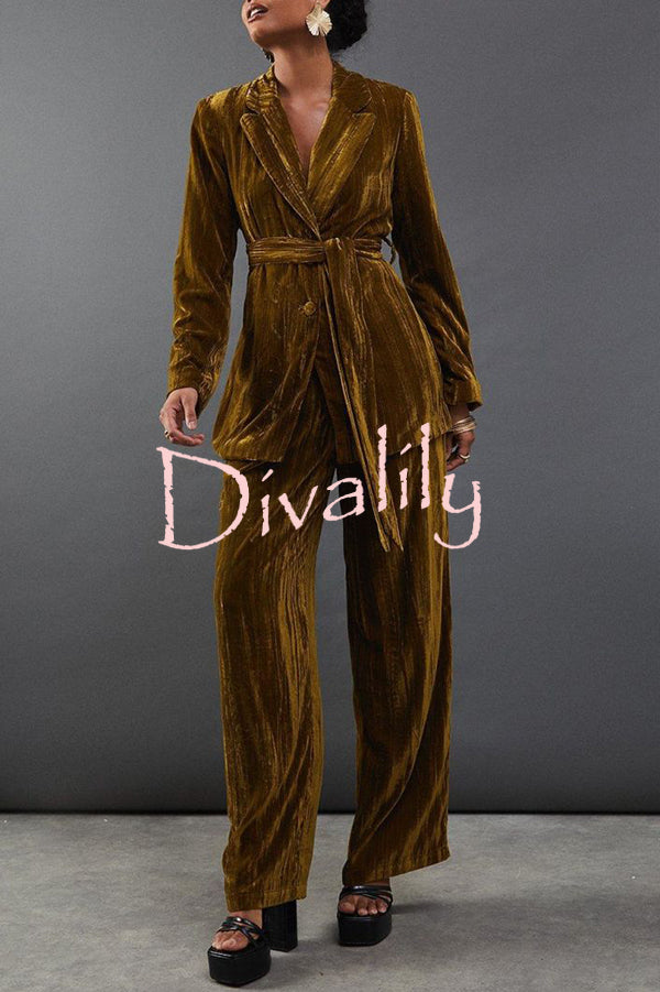 Solid Color Velvet Long-sleeved Waist Tie Top and Elastic Waist Casual Pocket Straight-leg Pants Set