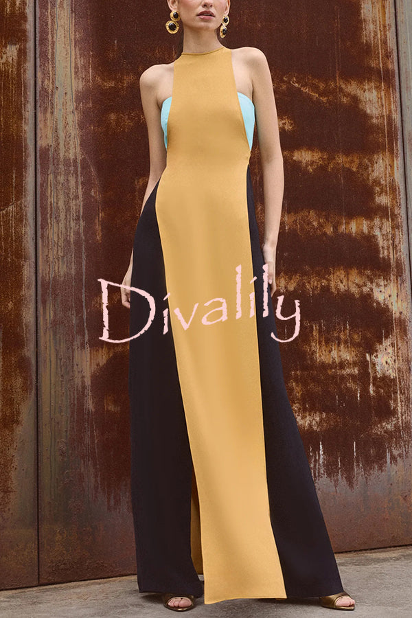 Fashionable Contrast Color Stitching Sleeveless Slim Maxi Dress
