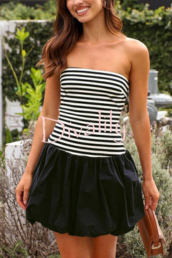 Stripe Print Paneled Pleated Tube Top Mini Dress