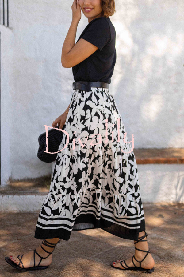Resort Style Botanical Print Elastic Waist Loose Stitching Midi Skirt