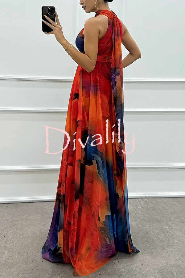 Elaine Tulle Floral Splash Print Cutout Halter Tie-up Neck Gown Maxi Dress