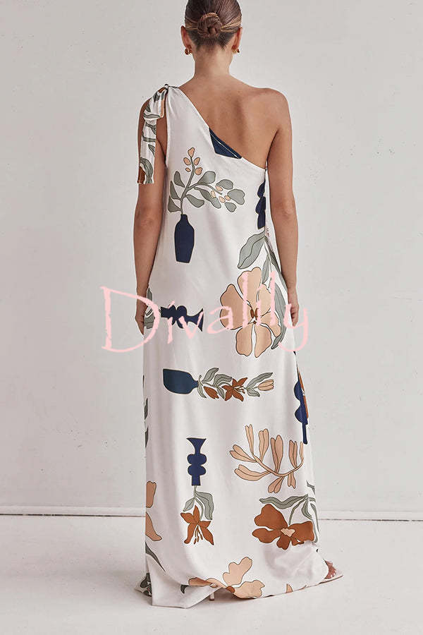 Matches The Vacation Unique Print One Shoulder Tie-up Pocketed Loose Maxi Dress