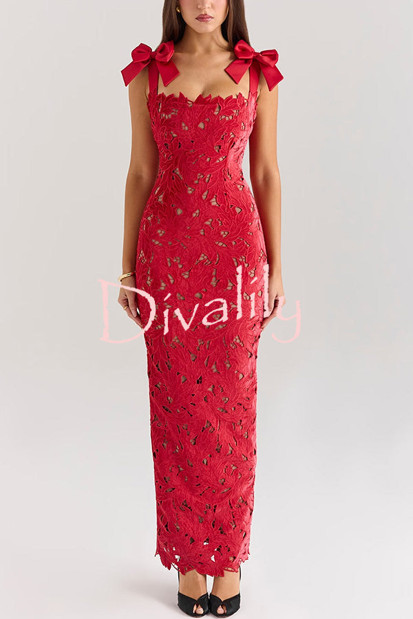 Holiday Intimacy Embroidered Floral Lace Bow Shoulder Straps Slit Maxi Dress