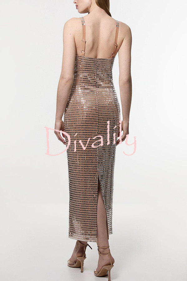 Dazzling Entrance Premium Crystal Embellished Jersey Slit Midi Dress