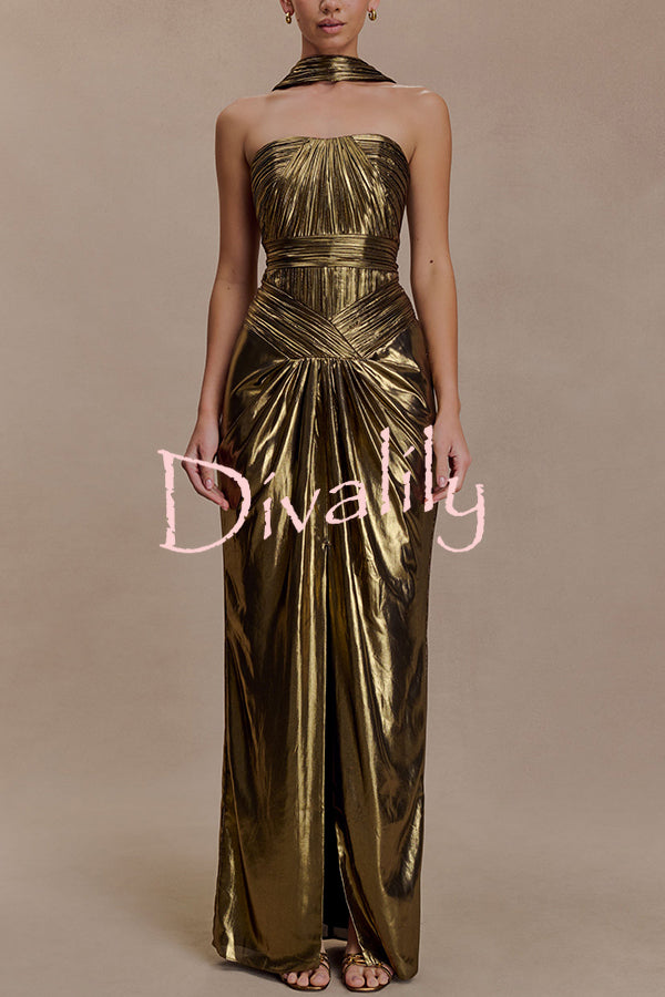Clemence Plisse Metallic Fabric Reverse Halter Beck Strap Drape Slit Maxi Dress