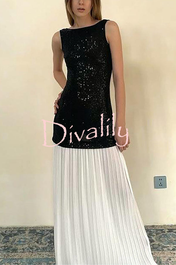 Sexy Backless Sleeveless Sequined Pleated Hem Maxi Dress