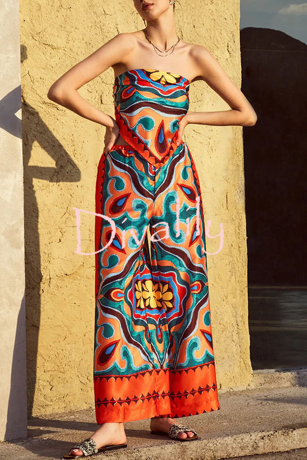 Ethnic Style Unique Print Tube Top and Elastic Waist Casual Pocket Wide Leg Pants Set