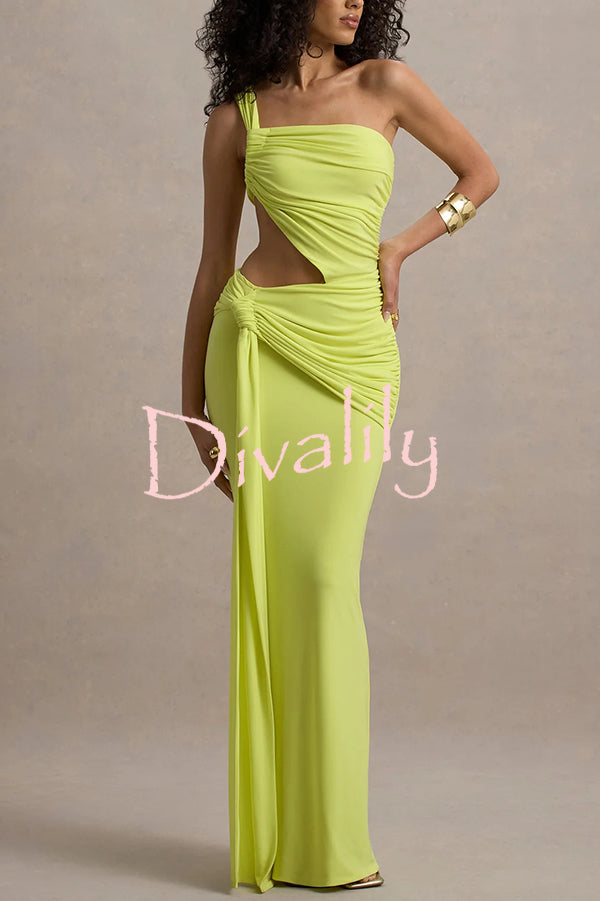Sexy One-shoulder Backless Ribbon Pleated Slim Maxi Dress