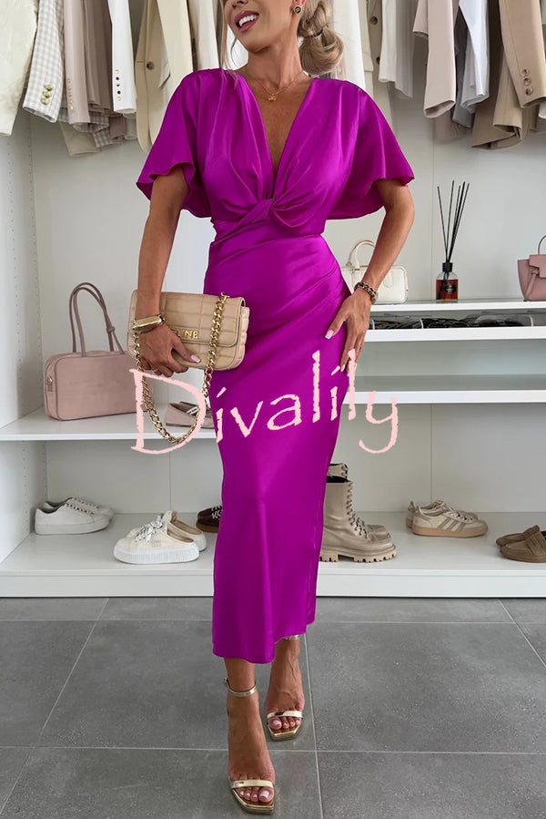 Satin Solid Color V-neck Cross Knot Slim Maxi Dress