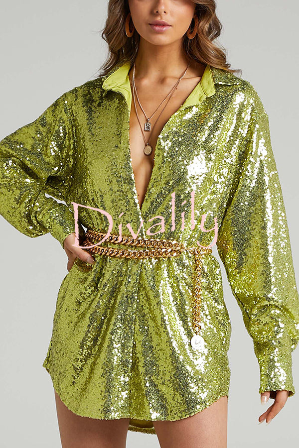 Solid Color Sequined Long-sleeved Casual Mid-length Loose Shirt