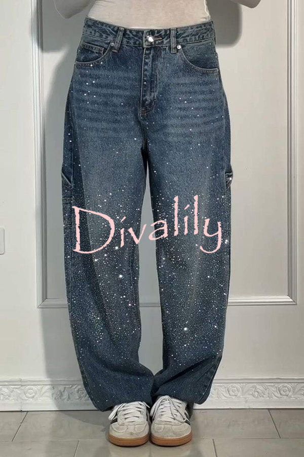 Fashionable Rhinestone Mid-rise Loose Pocket Straight Jeans