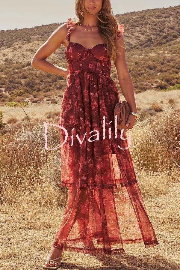 Romantic and Elegant Mesh Floral Back Smocked Tiered Ruffle Maxi Dress