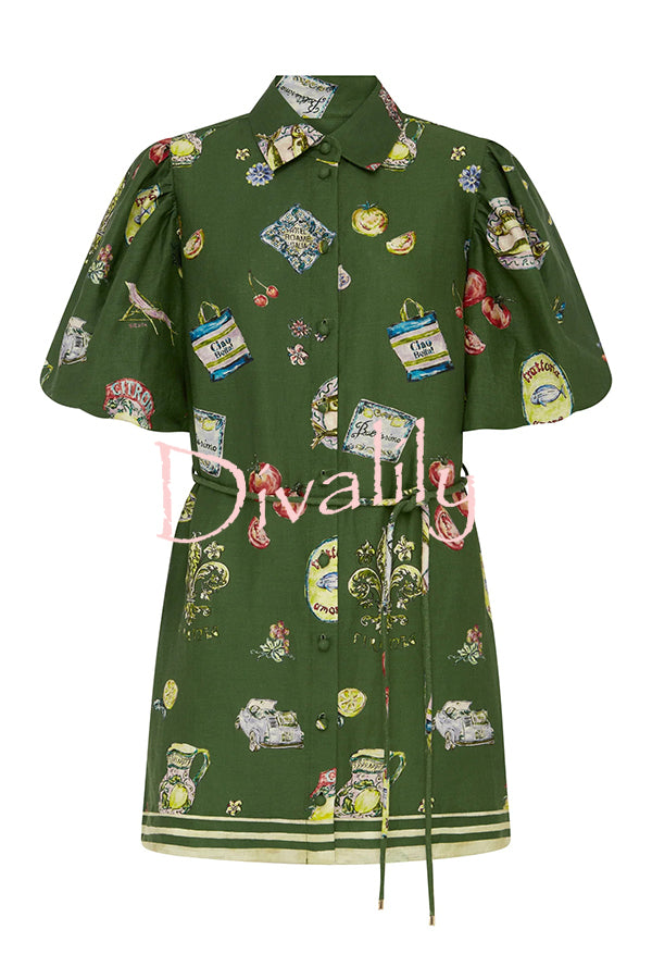 Linen Blend Unique Print Puff Sleeve Casual Mini Dress