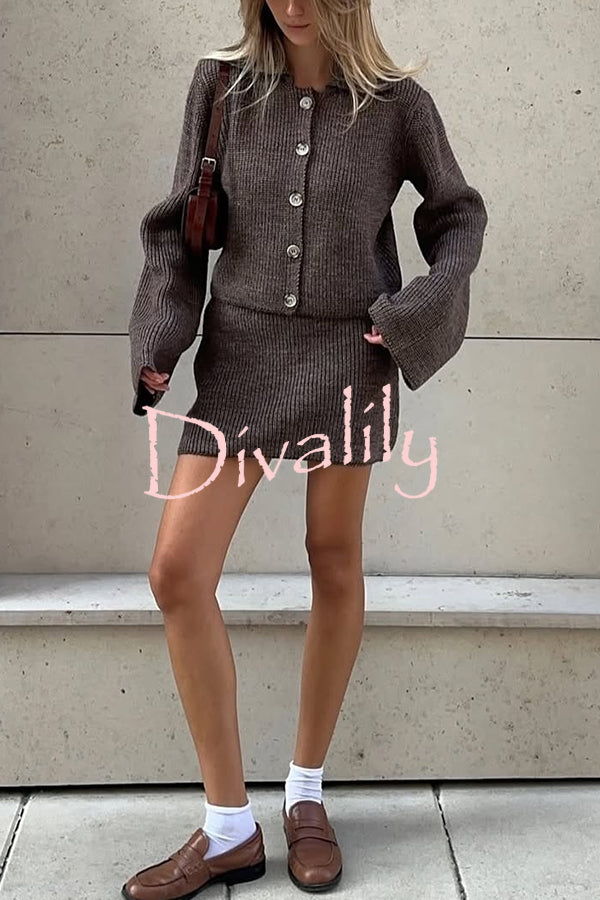 Fashion Lapel Bell Sleeve Knitted Cardigan and Casual Mini Skirt Set