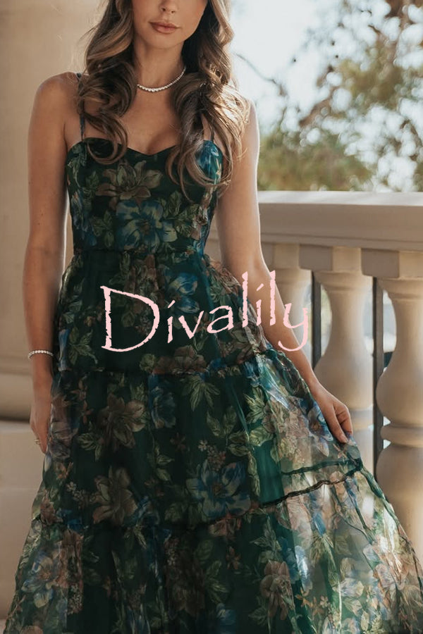Exclusive Glamour Organza Floral Print Tiered Slip Maxi Dress
