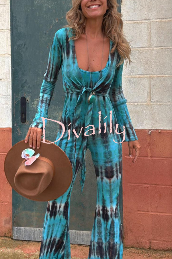 Exclusive Style Tie-dye Print Long Sleeve Tie-up Crop Cardigan