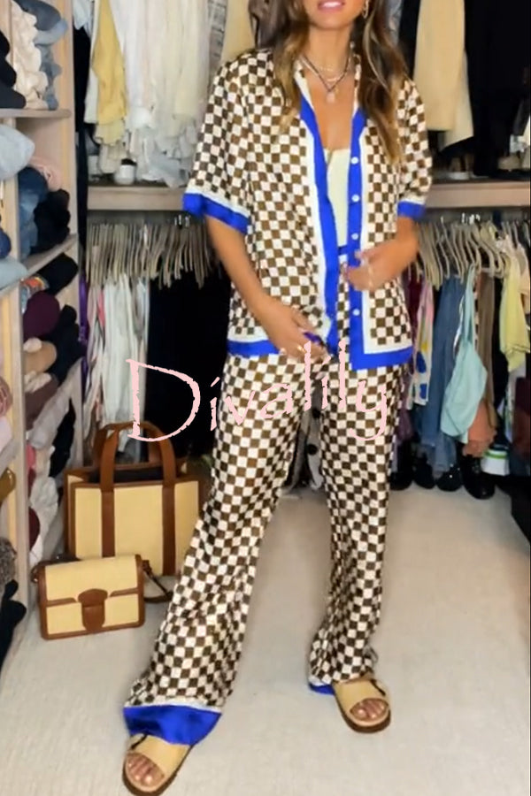 Olivia Satin Checkerboard Colorblock Print Shirt and Elastic Waist Pocketed Loose Pants Set