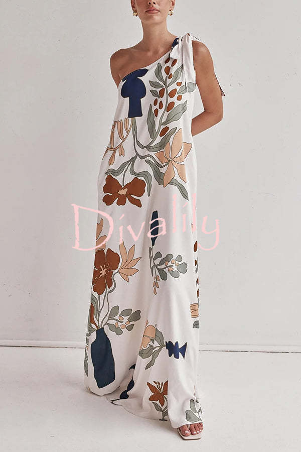 Matches The Vacation Unique Print One Shoulder Tie-up Pocketed Loose Maxi Dress