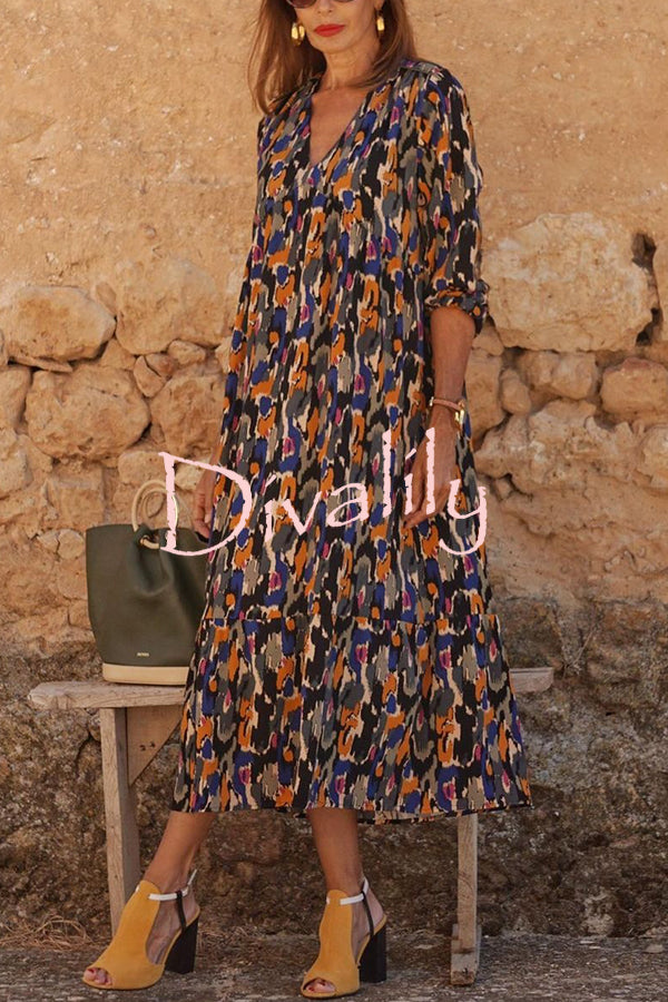 Multicolor Color Block Print V-neck Loose Resort Midi Dress