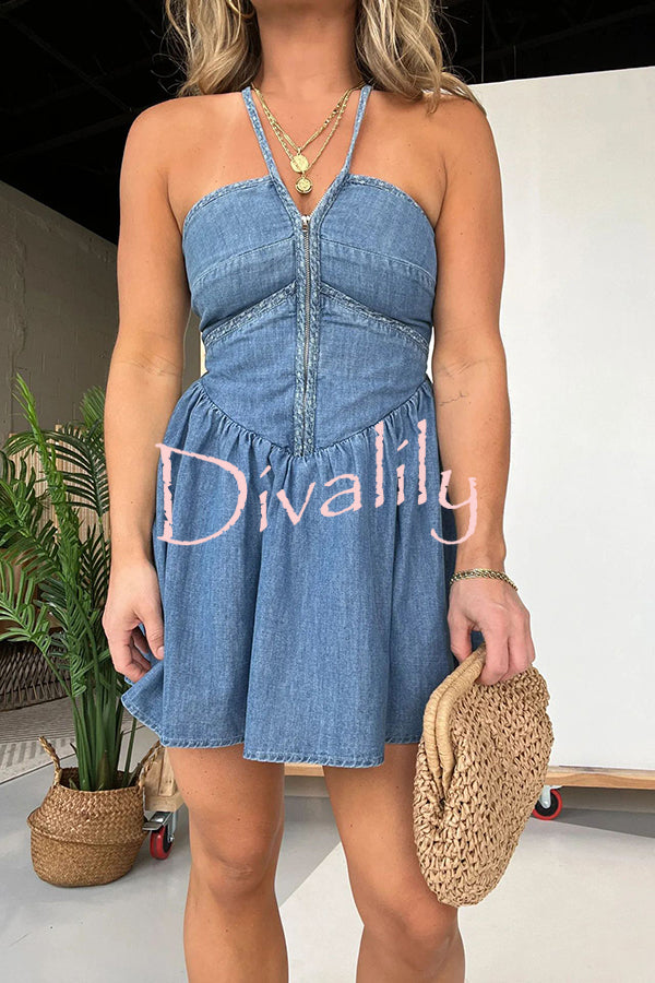 Sexy Halter Neck Backless Front Zip Denim Mini Dress