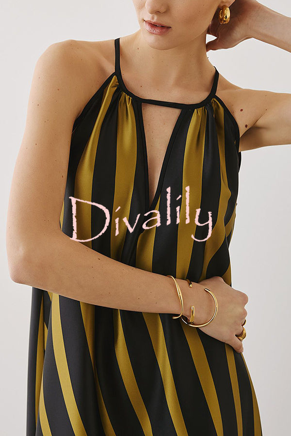Striped Print V-Neck Loose Beach Vacation Maxi Dress