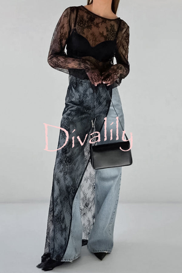 Sexy Openwork Lace Long-sleeved Asymmetrical Casual Top