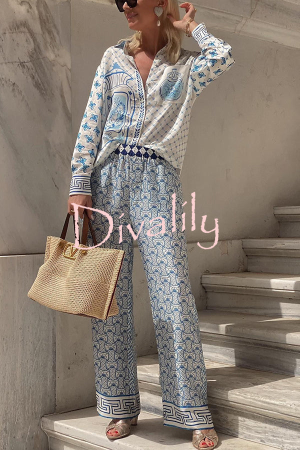 Stylized Dragon Satin Unique Print Long Sleeve Loose Shirt and Elastic Waist Pants Set