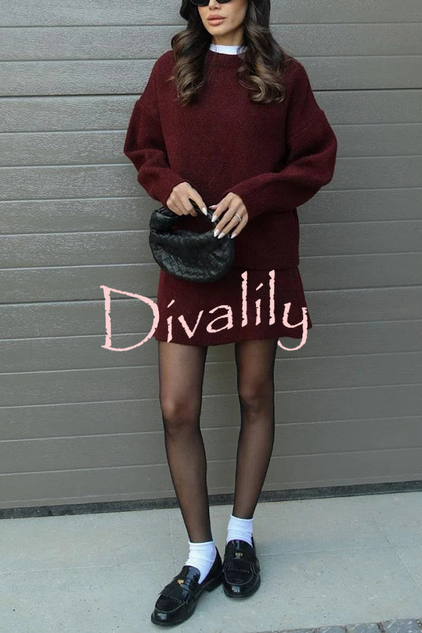 Solid Color Casual Preppy Knit Top and Knit Stretch Mini Skirt Set