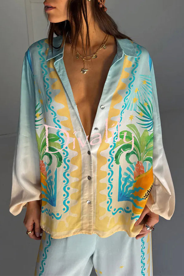 See You in Rio Tropical Fruits Print Button Long Sleeve Loose Blouse