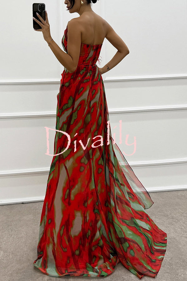 Amazing Views Watercolor Print Feather Rose Detail Off Shoulder Pleated Slit Maxi Dress