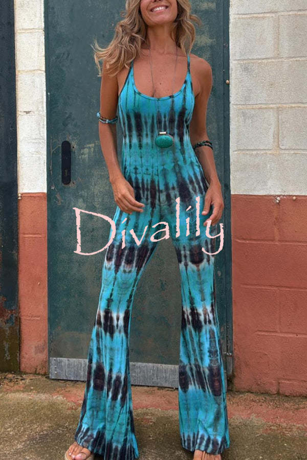 Exclusive Style Tie-dye Print Backless Tie-up Stretch Flared Jumpsuit