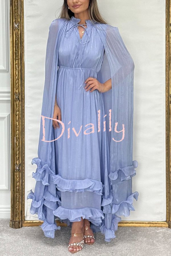 Fashionable V-neck Lace-up Ruffled Double-layer Hem Maxi Dress