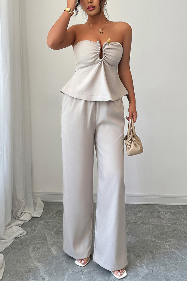 Solid Color Off-shoulder Backless Tube Top and Casual Pocket Straight Pants Set