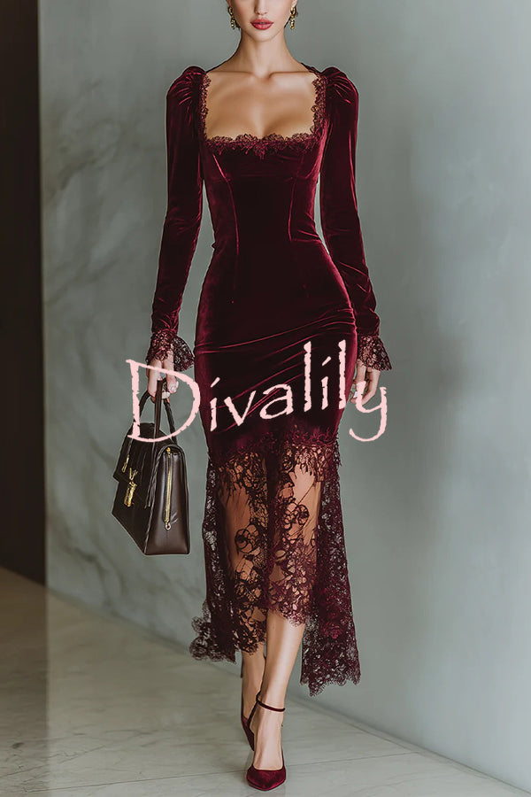Fashionable Velvet and Lace Patchwork Square Neck Long-sleeved Maxi Dress