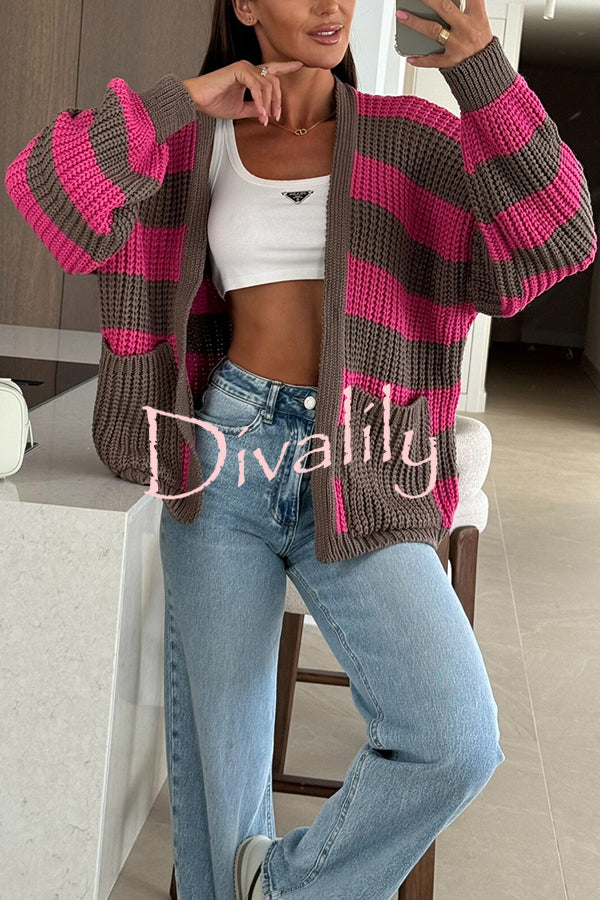 Fashionable Patchwork Striped Casual Pocket Knitted Sweater